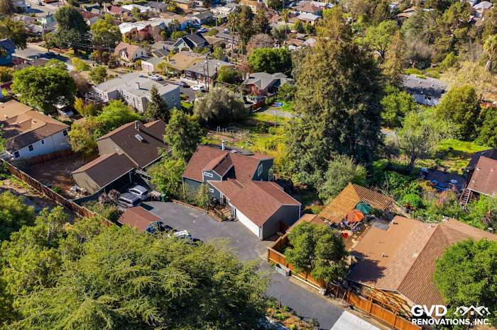 Aerial view of homes showcasing newly installed James Hardie siding and windows in Oakland, CA