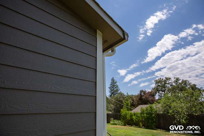 Aged Pewter HardiePlank siding with Arctic White trim on a residential home's exterior in Auburn, CA