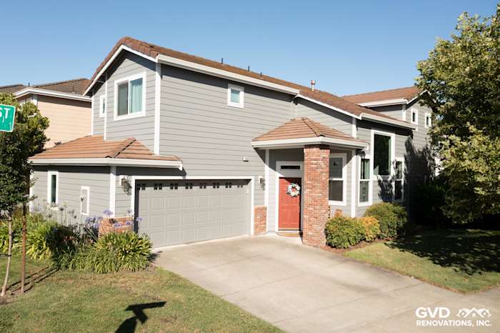 Renovated home exterior featuring Gray Slate James Hardie siding and Milgard windows in Petaluma, CA
