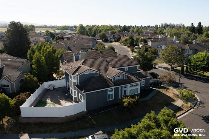 Aerial view of a home in Petaluma with Night Gray James Hardie siding and vinyl windows