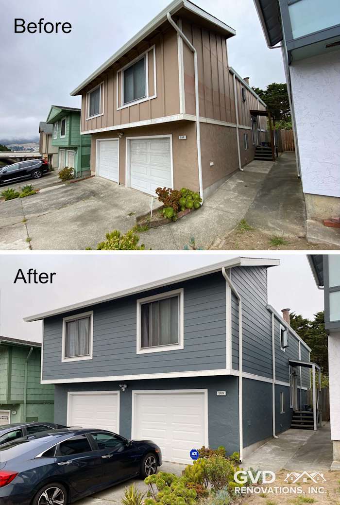 Side view of a home in Daly City showcasing James Hardie siding transformation from brown to blue