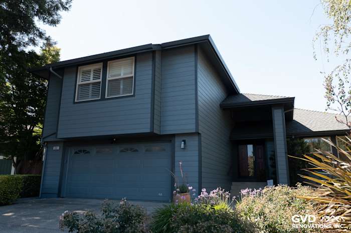 Home exterior featuring Boothbay Blue James Hardie siding and Milgard windows in Rohnert Park