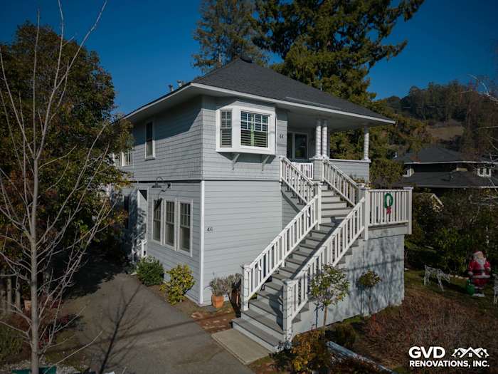 Modern two-story home in San Anselmo featuring Prime James Hardie Lap Siding and white trim