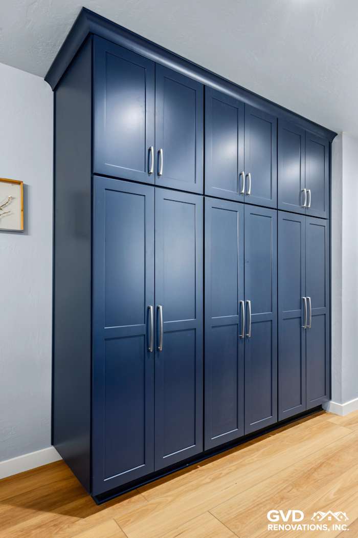Contemporary blue cabinetry with sleek handles, enhancing storage in the remodeled Fair Oaks kitchen