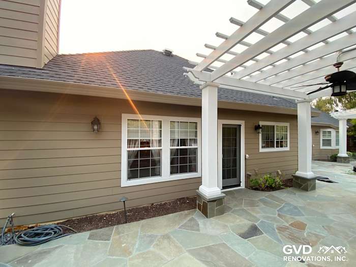 Khaki Brown James Hardie siding and trim on a home's exterior with a pergola in Petaluma