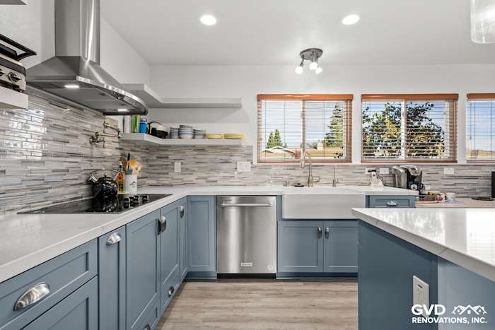 Modern kitchen remodel featuring Waypoint Cabinets, MSI Calacatta Ultra countertops, and Misty Fjord backsplash in Elk Grove