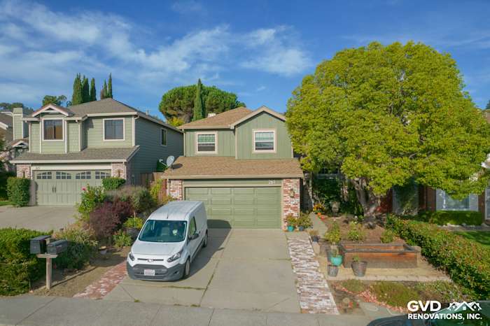 Home exterior in Vallejo, CA with Mountain Sage James Hardie siding and a two-car garage