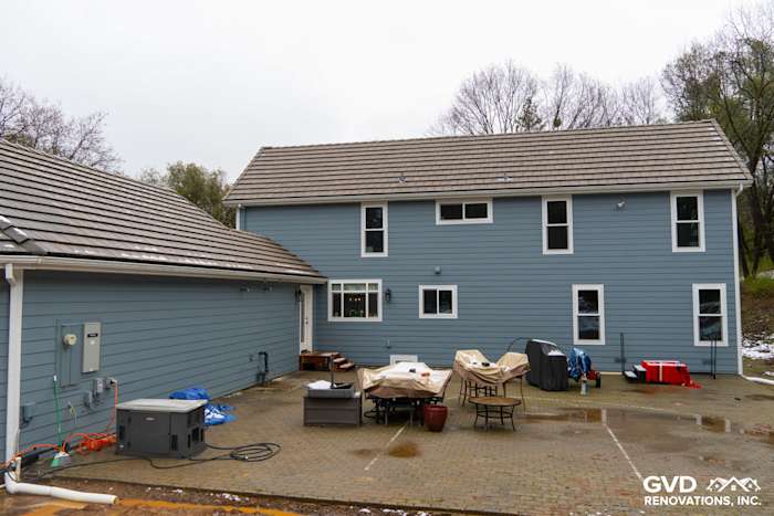 Home exterior featuring Boothbay Blue James Hardie siding and new Milgard windows in Sutter Creek, CA