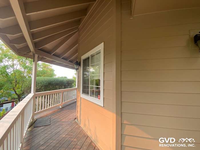 Khaki Brown James Hardie siding and trim on a unique home exterior in Petaluma, CA, featuring a covered porch