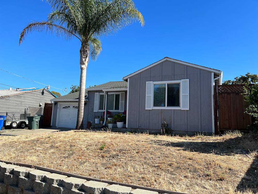 Gray house with shutters, palm tree, and dry landscaping in Sacramento