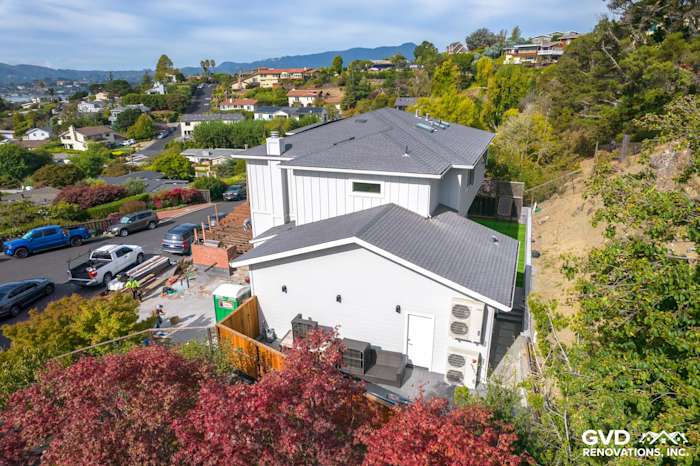 Home exterior featuring newly installed James Hardie Artisan Lap Siding and a modern roof in Tiburon, CA