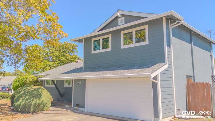 Santa Clara home featuring James Hardie siding in Evening Blue with Arctic White trim and a modern design