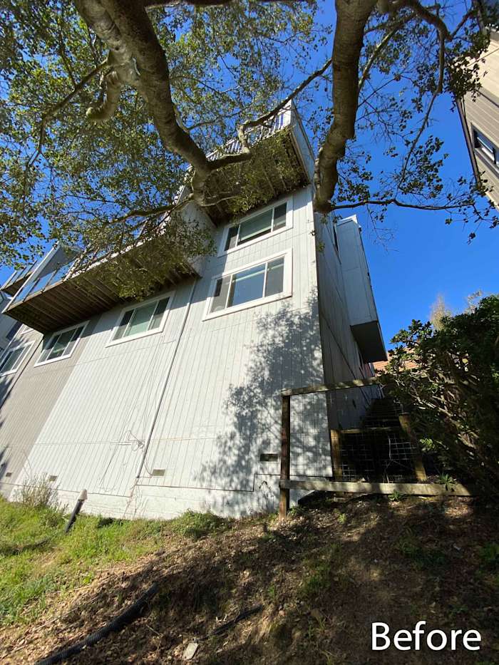Before installation of James Hardie lap siding, showcasing existing home exterior and landscaping in Mill Valley