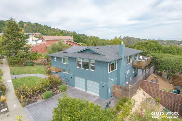 Home exterior featuring Evening Blue James Hardie siding and Anlin Catalina windows in San Rafael, CA