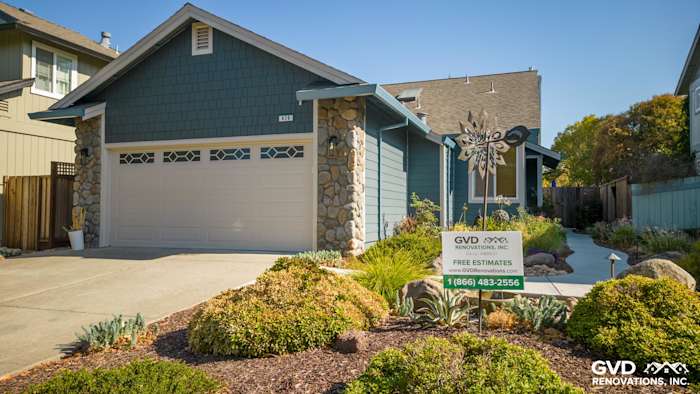 Home exterior featuring Evening Blue James Hardie lap siding and Cobble Stone trim in Petaluma, CA