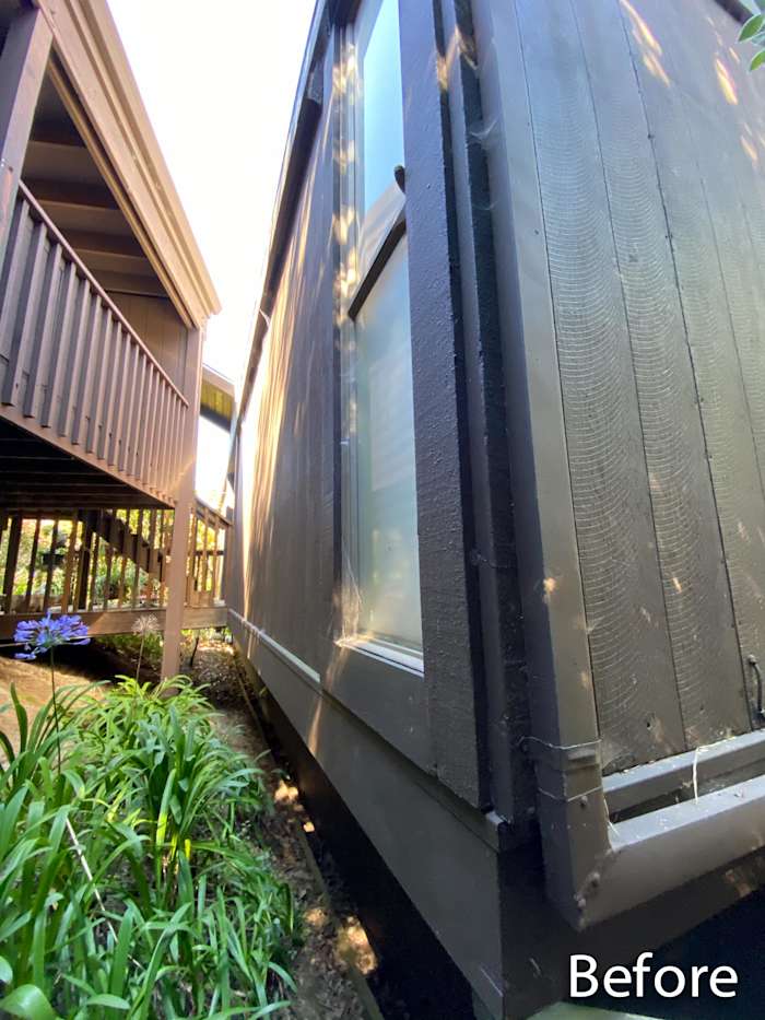 Before photo showing dark wooden siding and overgrown plants at a Mill Valley home