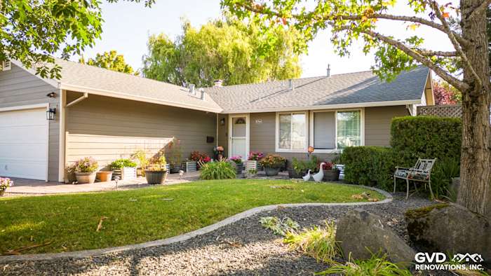 Home exterior in Rohnert Park featuring Timber Bark HardiePlank siding and Cobble Stone trim with landscaped yard