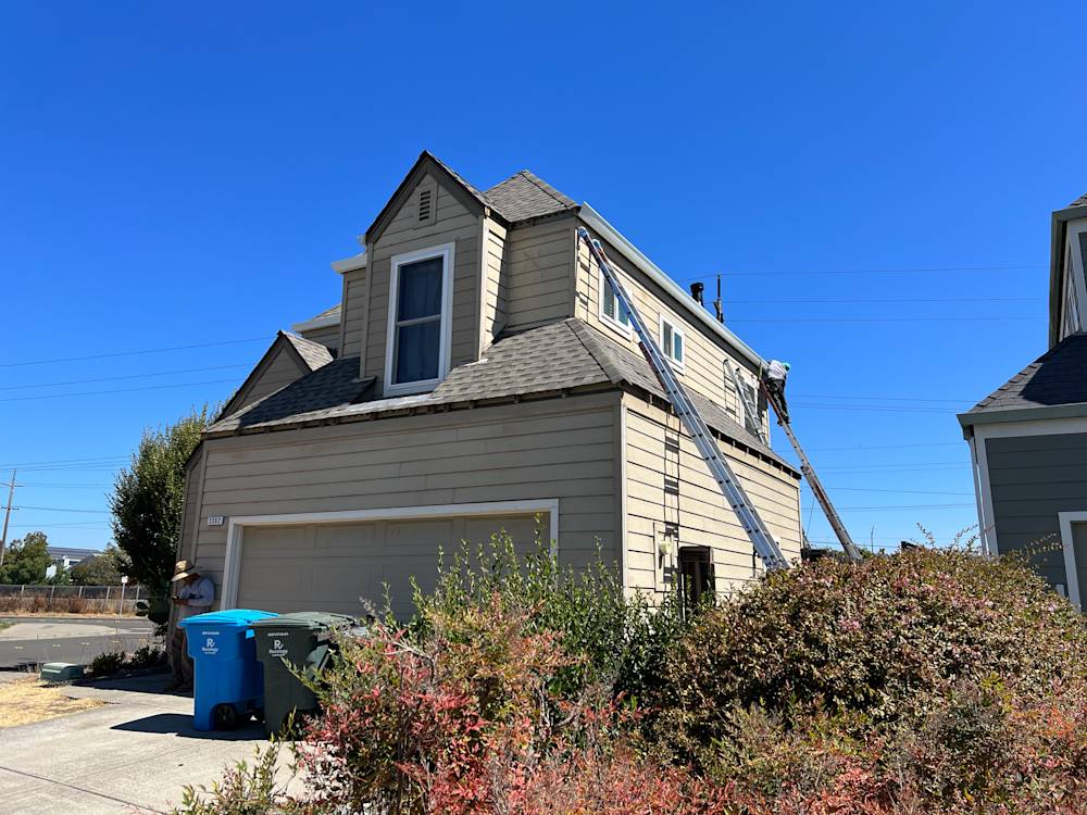 Charming Sacramento home with sloped roof, green landscaping, and blue recycling bins
