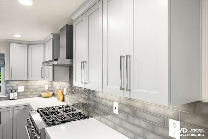 Modern kitchen remodel in Rocklin with gray cabinets, quartz countertop, and subway tile backsplash