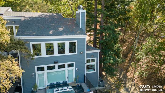 Home exterior featuring James Hardie Night Gray siding with Arctic White trim in Orinda, CA