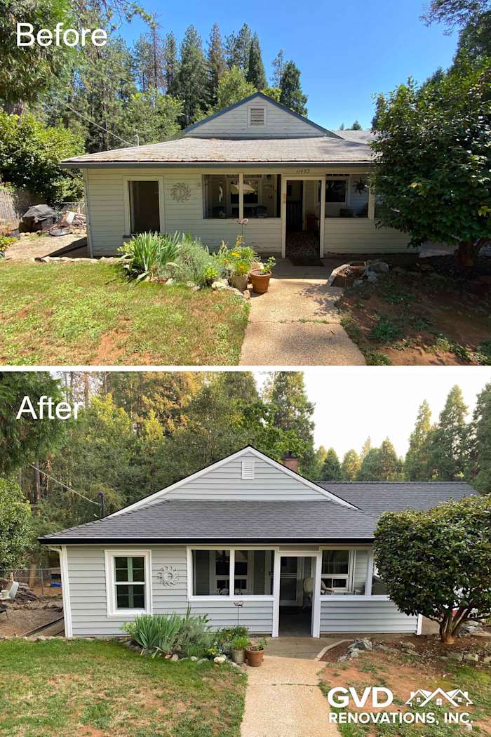 Before and after of a home exterior showcasing Prodigy Vinyl Siding in soft gray tones