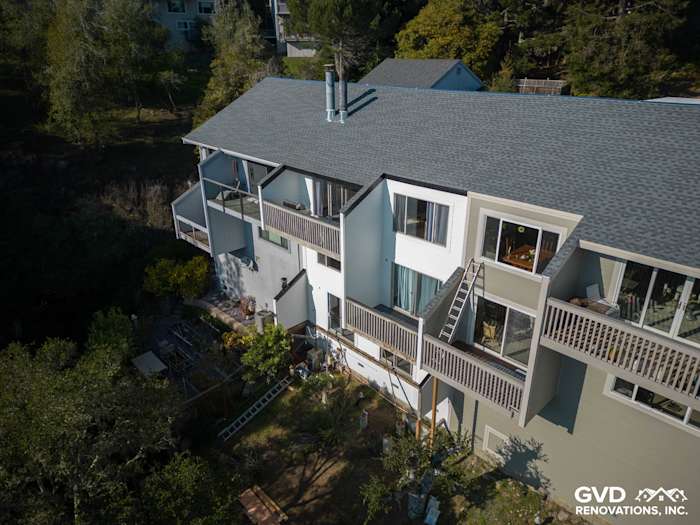 Aerial view of a Mill Valley home showcasing James Hardie Monterey Taupe siding and Cobble Stone HardieTrim