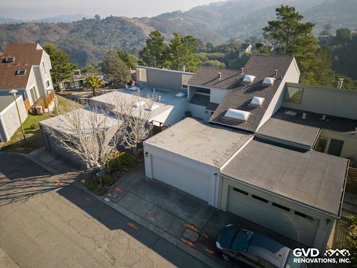 Home exterior transformation with Pearl Gray James Hardie siding in Mill Valley, showcasing unique architectural design