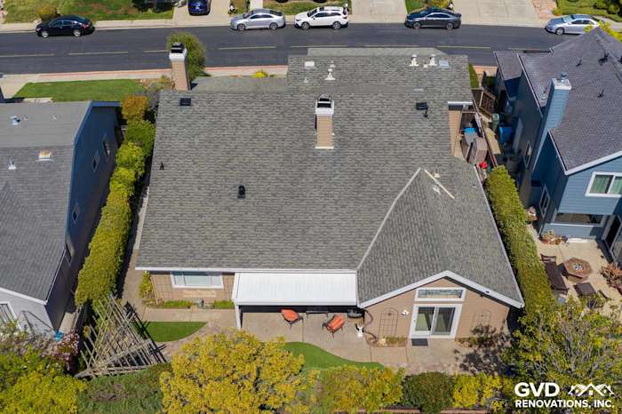 Aerial view of a home featuring Khaki Brown James Hardie siding and Arctic White trim in Foster City, CA