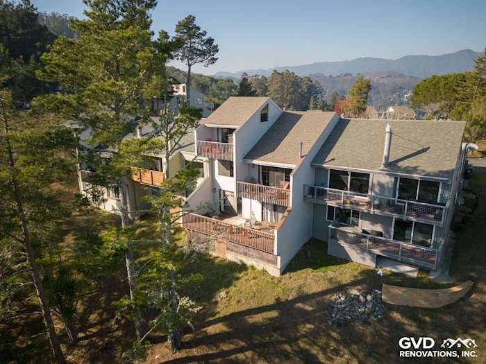 Stylish Pearl Gray James Hardie Lap Siding on a modern Mill Valley home with decks and scenic views