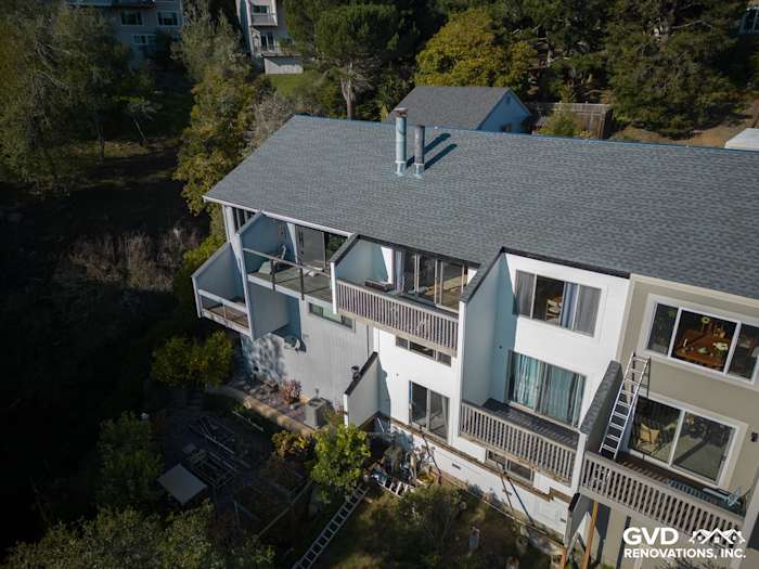 Updated home exterior in Mill Valley featuring James Hardie Monterey Taupe siding and modern balconies
