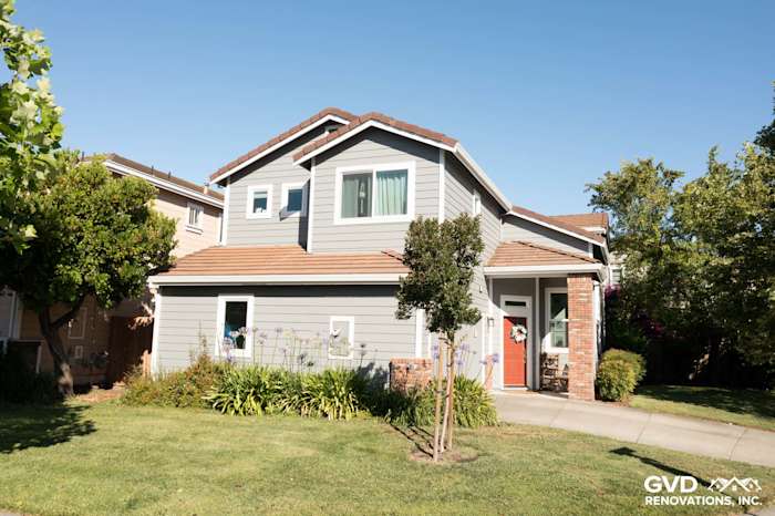 Home exterior featuring James Hardie Gray Slate siding and Milgard vinyl windows in Petaluma, CA