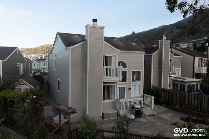Home exterior featuring James Hardie Lap Siding in Monterey Taupe with Cobble Stone trim in Daly City