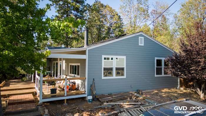 Gray Slate James Hardie siding and Arctic White trim on a remodeled home exterior in Meadow Vista