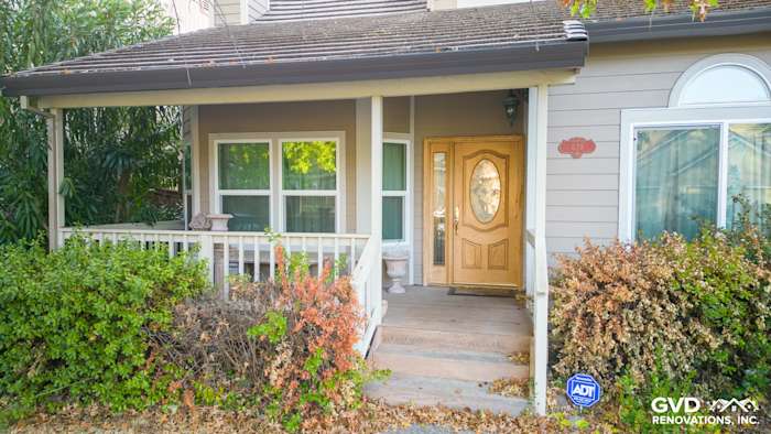 Newly installed James Hardie Cedarmill siding and Alside vinyl windows on a Sonoma home entrance