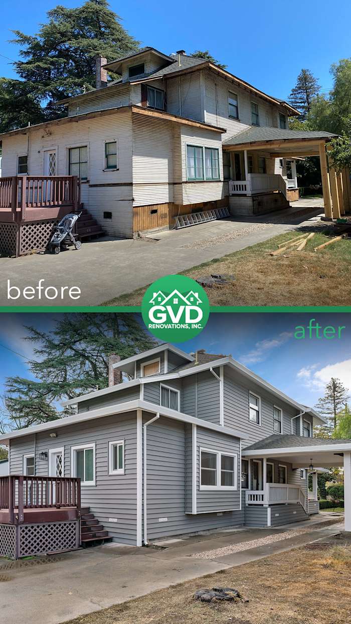 Side-by-side before and after of a home exterior featuring new gray vinyl siding and updated details