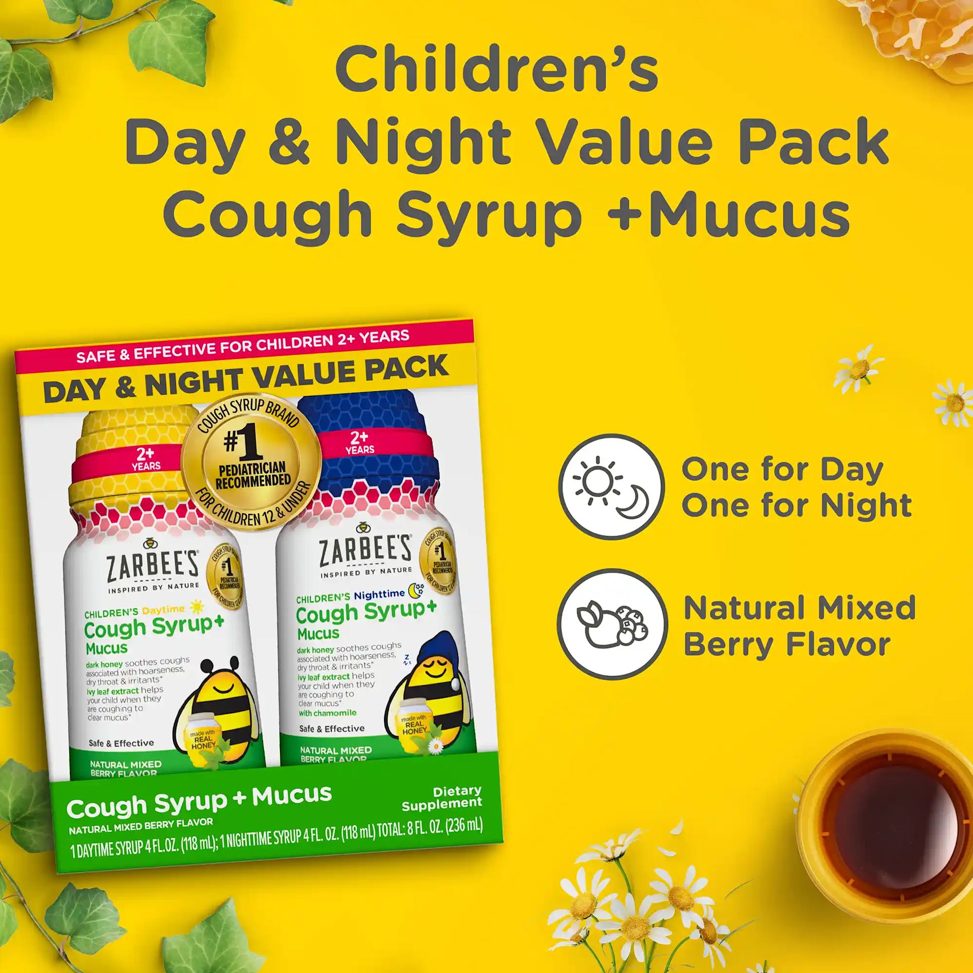 Zarbee’s® Kid's Cough + Mucus Day/Night has a natural mixed berry flavor