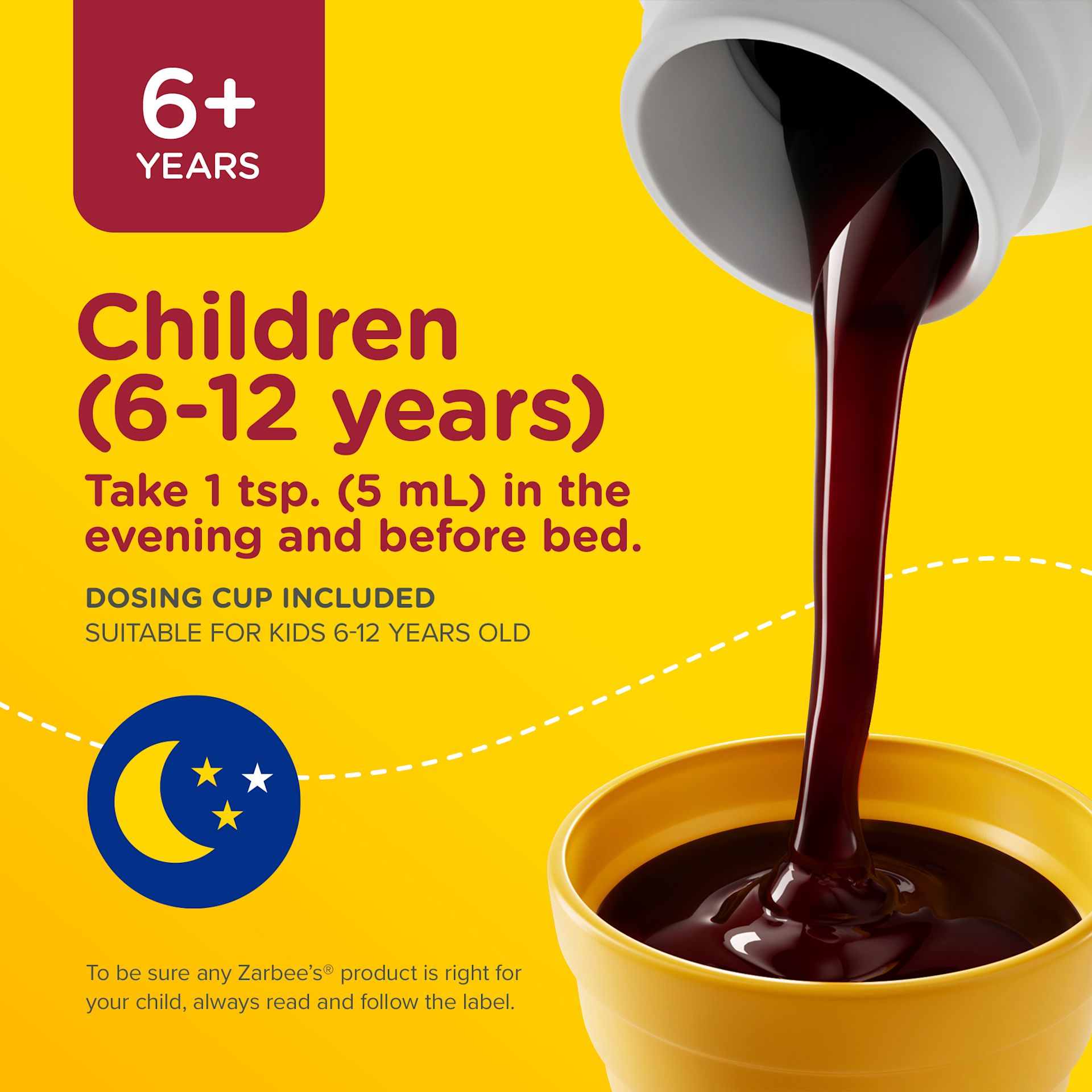 Informations sur le dosage du sirop Toux + Mucosités pour enfants pour la nuit de Zarbee’s®