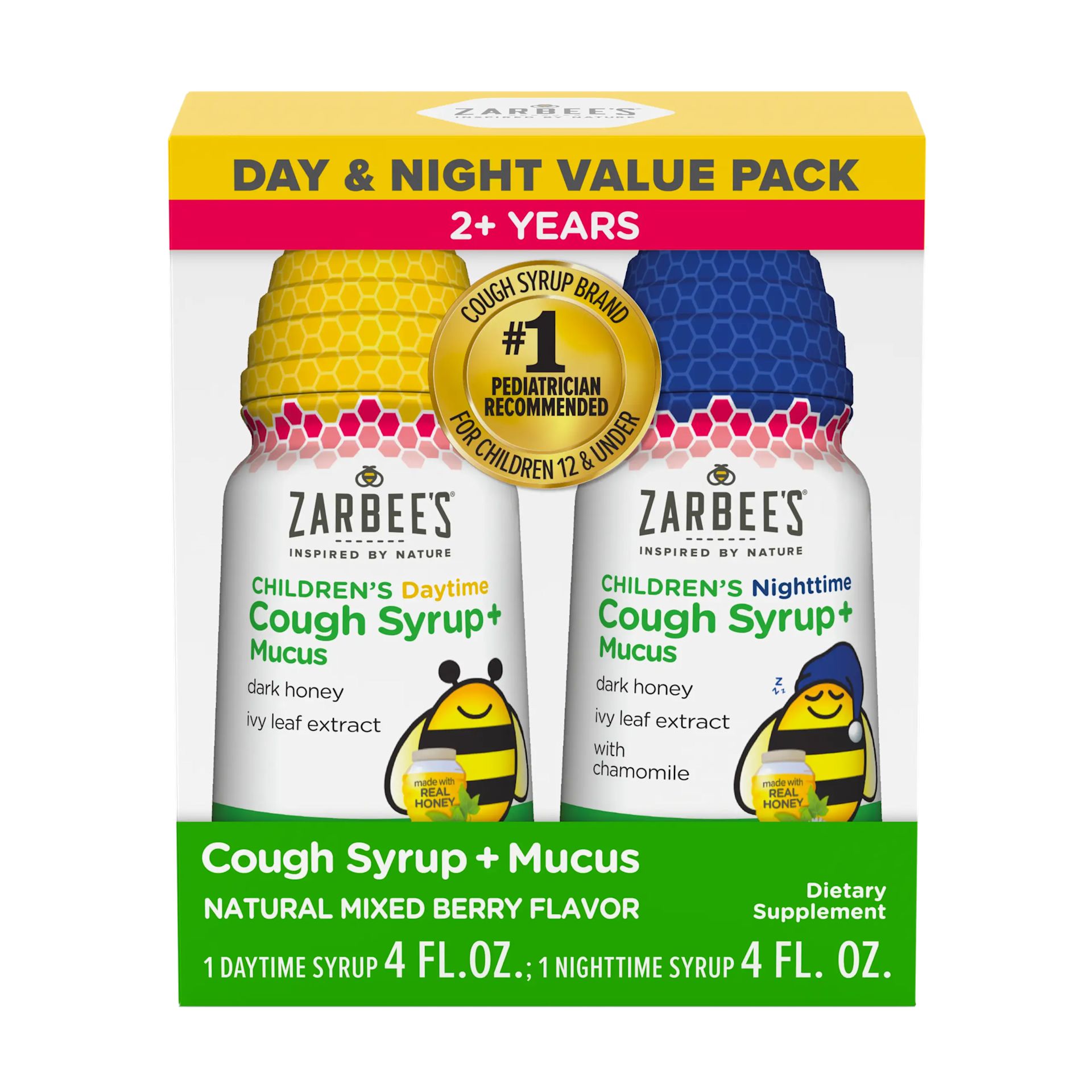 Front packaging of Zarbee’s® Kid's Cough + Mucus Day/Night Value Pack