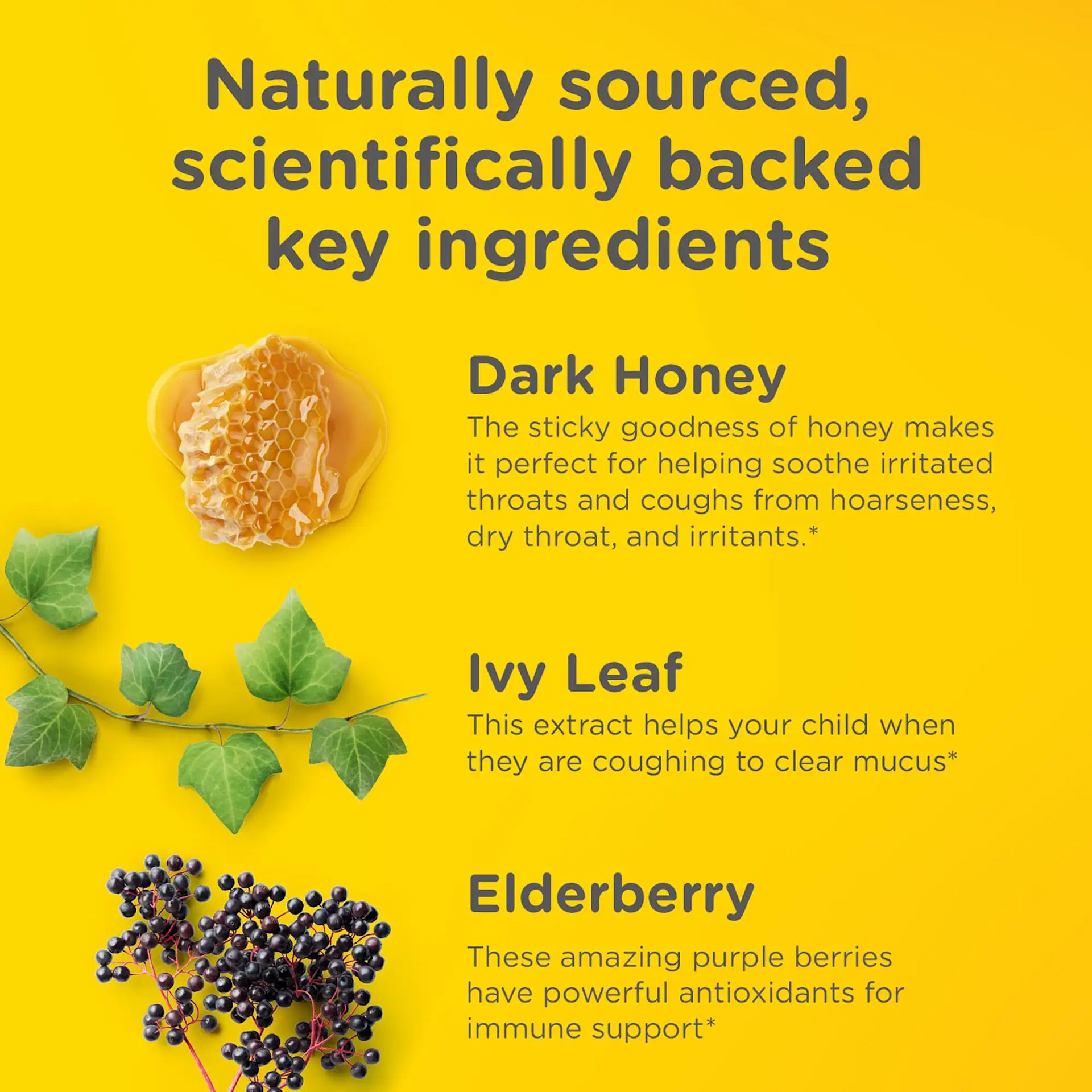 Zarbee’s® Kid's Cough + Mucus Day/Night is naturally sourced and scientifically backed key ingredients