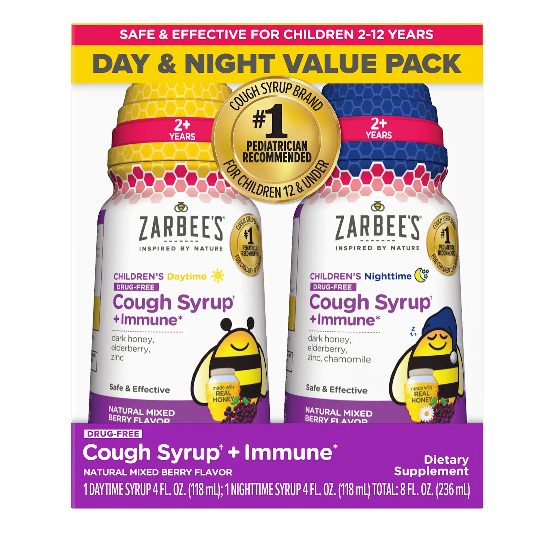 Front packaging of Zarbee’s® Kid's Cough Syrup + Immune Day/ Night Value Pack