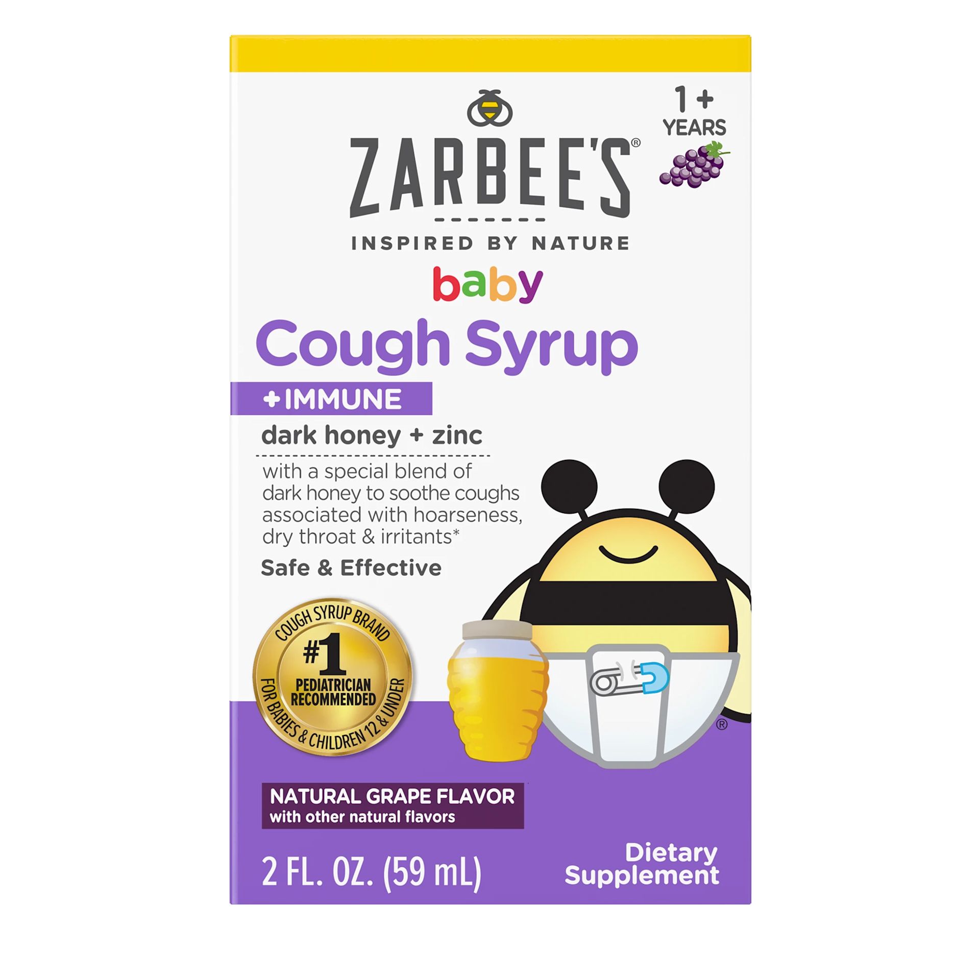 Front packaging of Zarbee’s® Inspired by Nature Baby Cough Syrup + Immune in natural grape flavor