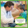 Pediatrician Dr. Zak Zarbock holding a stethoscope and smiling at a little boy with a statement saying 'Pediatrician founded brand'