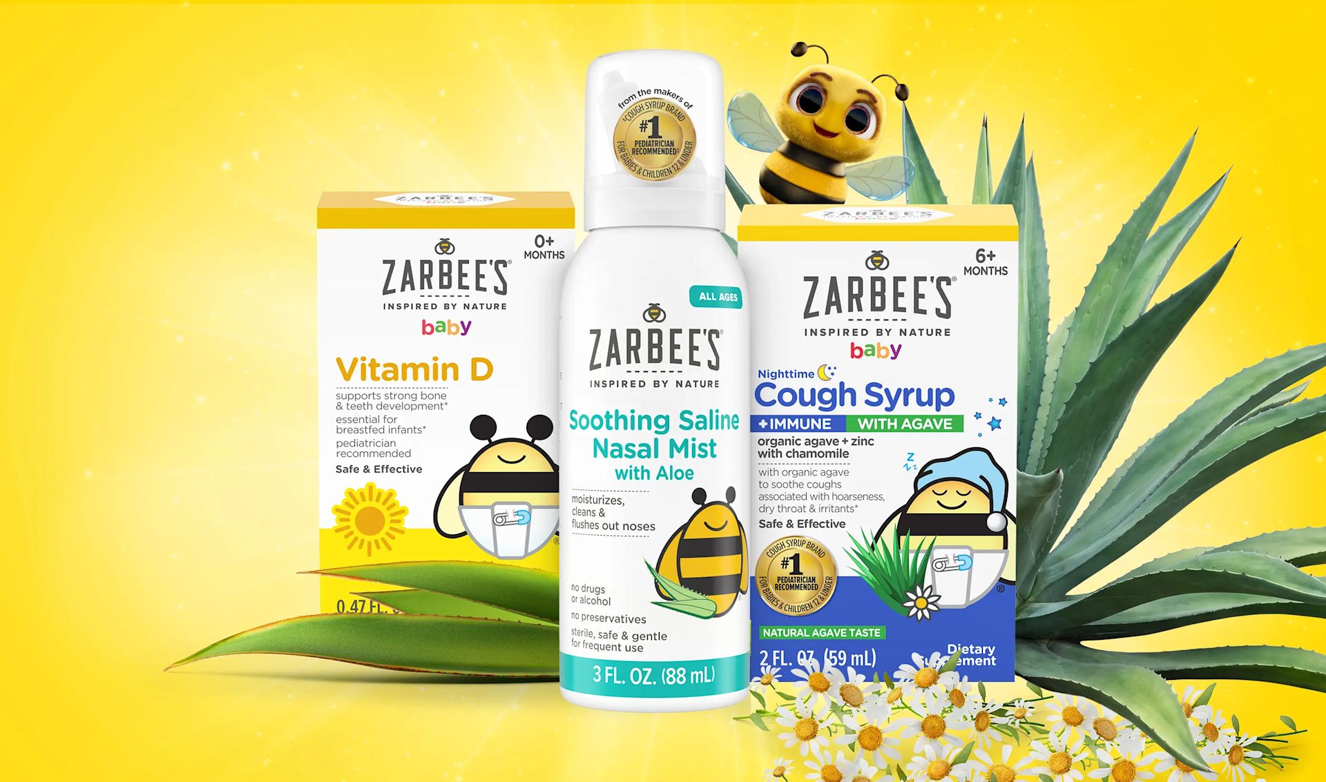 Five Zarbee's Baby products over a yellow background with ingredients featured