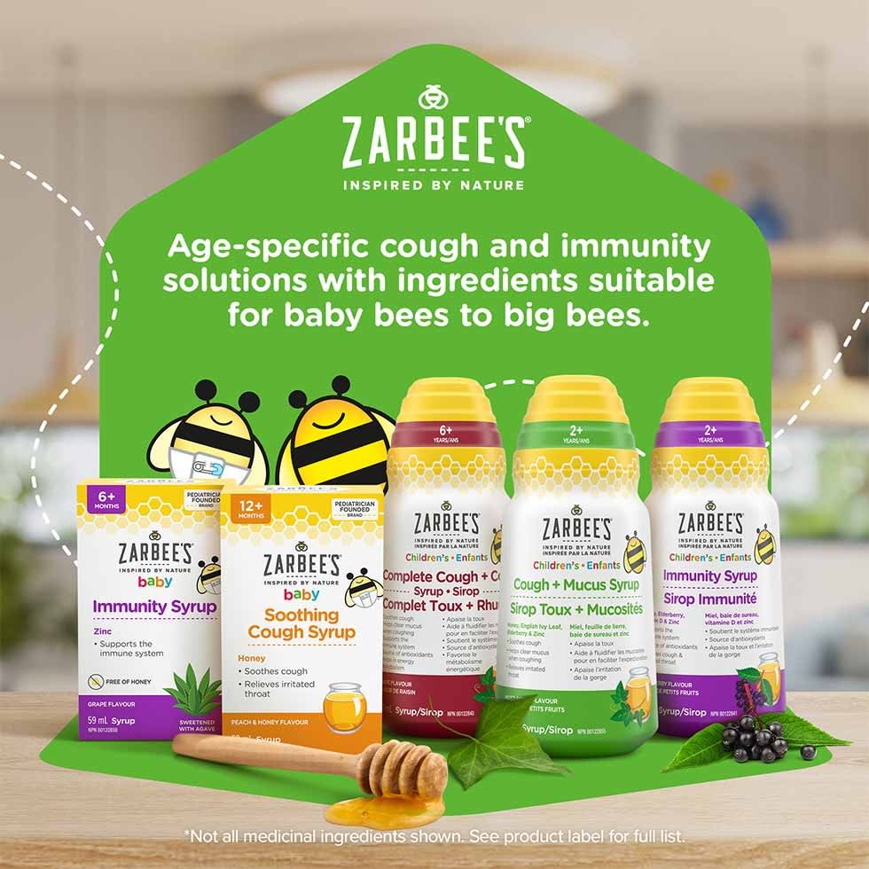 Cinq flacons de sirops Zarbee’s® Immunité et Toux pour bébés et enfants 