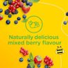 Mixed berries strewn across a yellow background with the text 'naturally delicious mixed berry flavour'