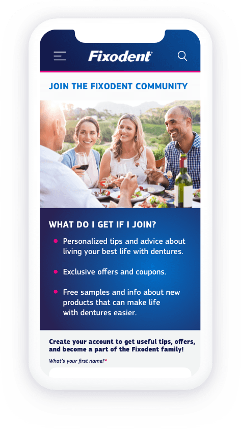 A banner featuring a screenshot of a phone with a group of people dining outdoors with the text "join the Fixodent Club". 