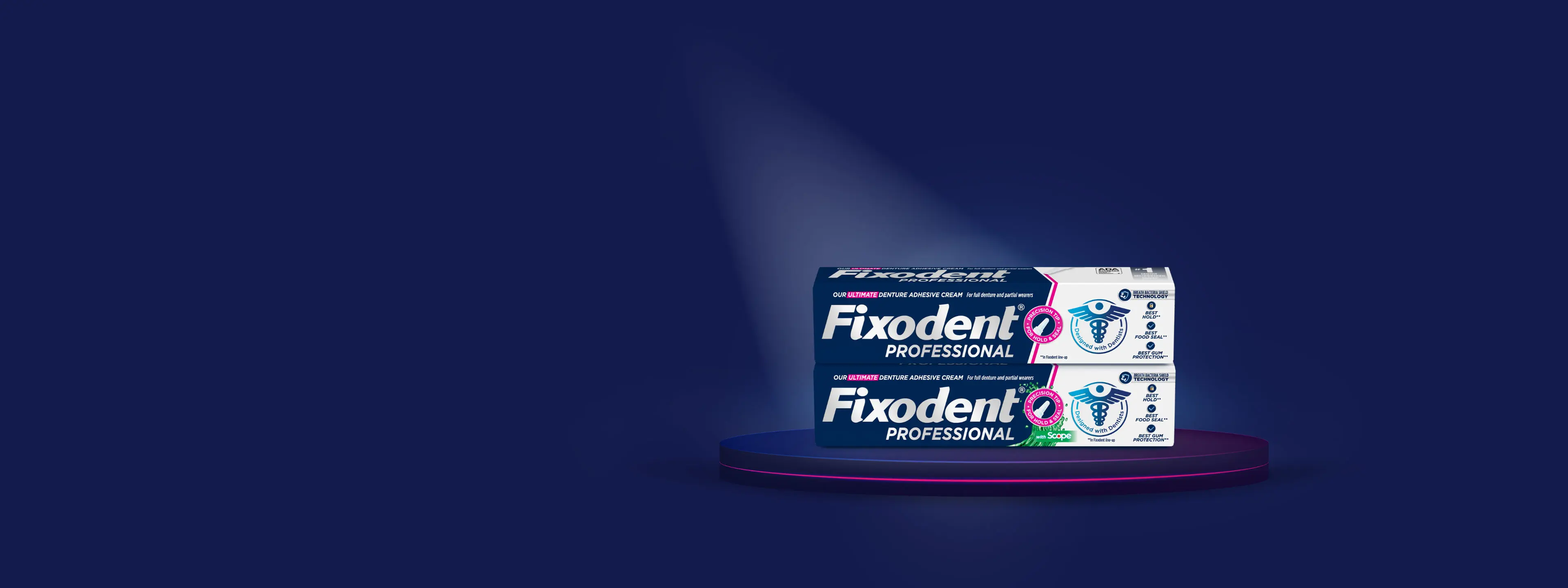 Meet Fixodent Professional and Professional with Scope Stay confident all day with Fixodent’s best hold, food seal, and gum protection all in one.