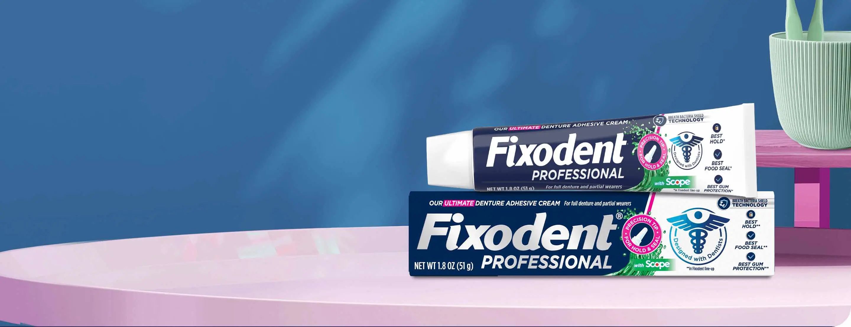 Fixodent Professional denture adhesive cream with improved formula. Our ultimate adhesive cream with Bacteria Shield Technology.