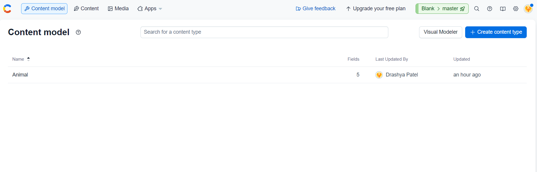 "The custom content model created for the animal data."