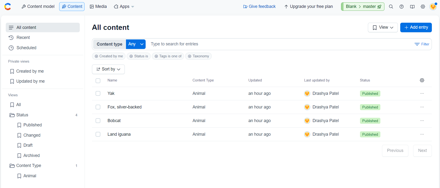 "The content entries according to the JSON format of the animals example used earlier. This shows four entries which are being displayed on the page further."